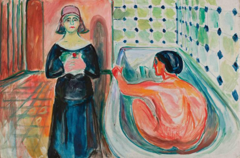 Marat in the Bath and Charlotte Corday,목욕탕의 마랏과 샬롯 코데이,Edvard Munch,에드워드 뭉크,템페라,템페라, 흑발, 여자 1명, 전통 미디어, 모자