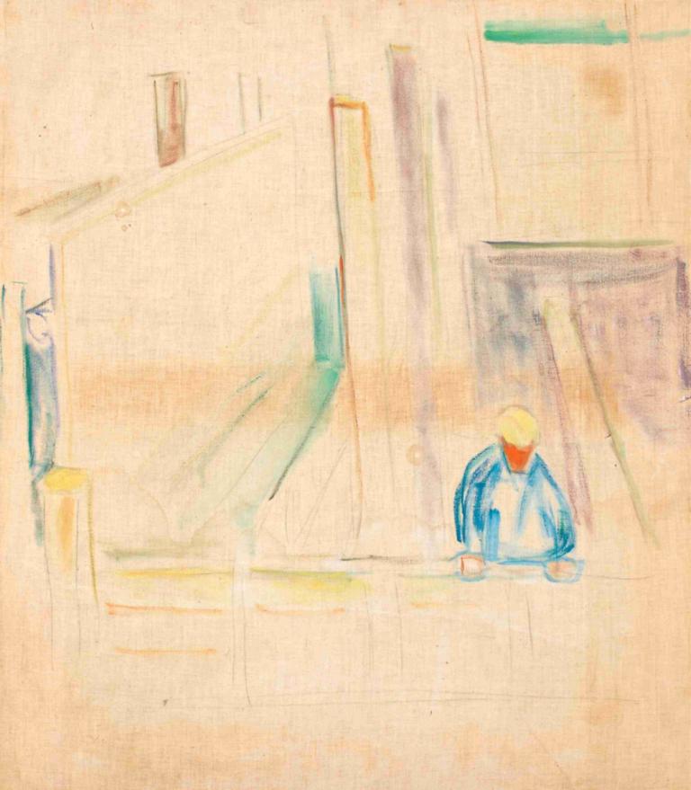 Mason,梅森,Edvard Munch,爱德华-蒙克,蛋彩画,蛋彩画, 独奏, 传统媒体, 门, 坐着, 在室内, 绘画（中）, 夹克, 男性焦点, 1男孩, 鸟, 水彩（中）