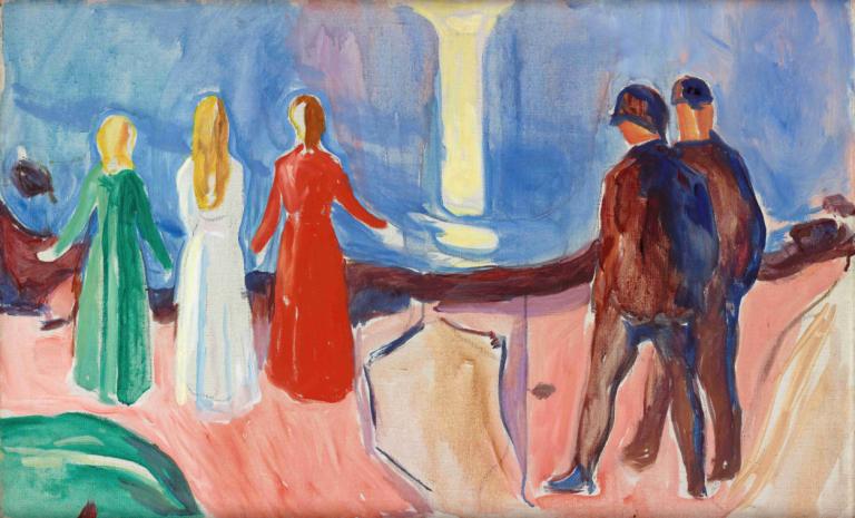 Meeting on the Beach,海滩聚会,Edvard Munch,爱德华-蒙克,蛋彩画,蛋彩画, 多个女孩, 多个男孩, 裙子, 绘画（中）, 金头发, 传统媒体, 长发, 水彩（中）, 2个女孩