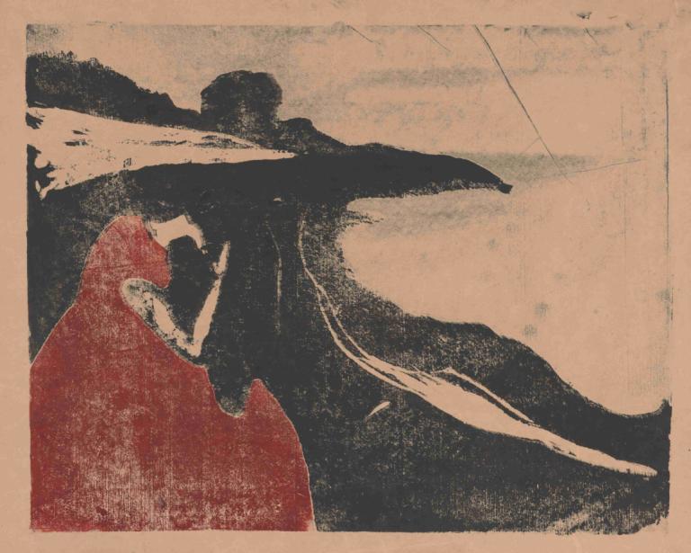 Melancholy II,忧郁 II,Edvard Munch,爱德华-蒙克,铜版画,铜版画, 独奏, 从侧面, 1个女孩, 兜帽, 边界