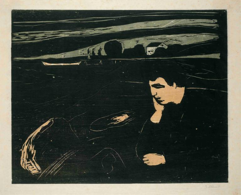 Melancholy III,忧郁 III,Edvard Munch,爱德华-蒙克,铜版画,铜版画, 独奏, 1男孩, 黑发, 边界, 男性焦点, 单色, 长袖, 衬衫