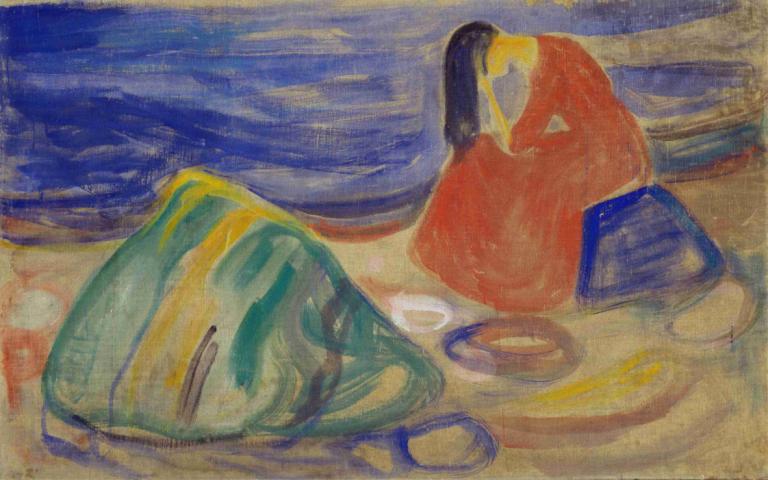 Melancholy. Weeping Woman on the Beach,忧郁海滩上哭泣的女人,Edvard Munch,爱德华-蒙克,蛋彩画,蛋彩画, 黑发, 1个女孩, 长发, 传统媒体, 独奏, 水, 坐着