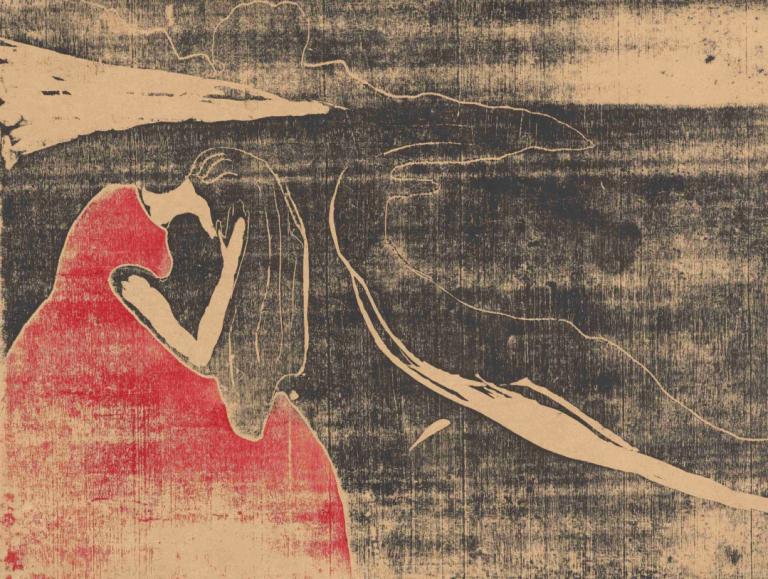 Melankoli II,忧郁 II,Edvard Munch,爱德华-蒙克,铜版画,铜版画, 1个女孩, 独奏, 裙子, 抽象的, 红色礼服, 超现实的, 传统媒体