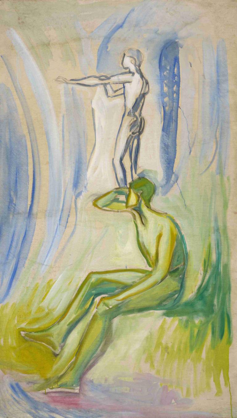 Men Turning towards the Sun,男子转向太阳,Edvard Munch,爱德华-蒙克,蛋彩画,蛋彩画, 坐着, 水, 传统媒体, 赤脚, 绿皮肤, 裸体, 有色皮肤, 1男孩