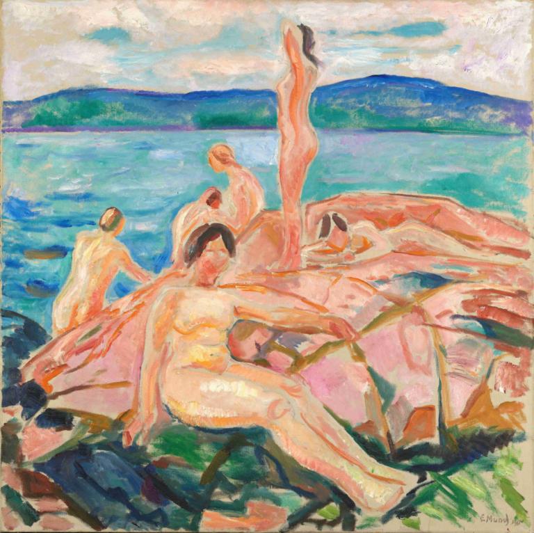 Midsummer,Letní slunovrat,Edvard Munch,Edvarda Muncha,Tempera,Tempera, akt, venku, více chlapců, prsa