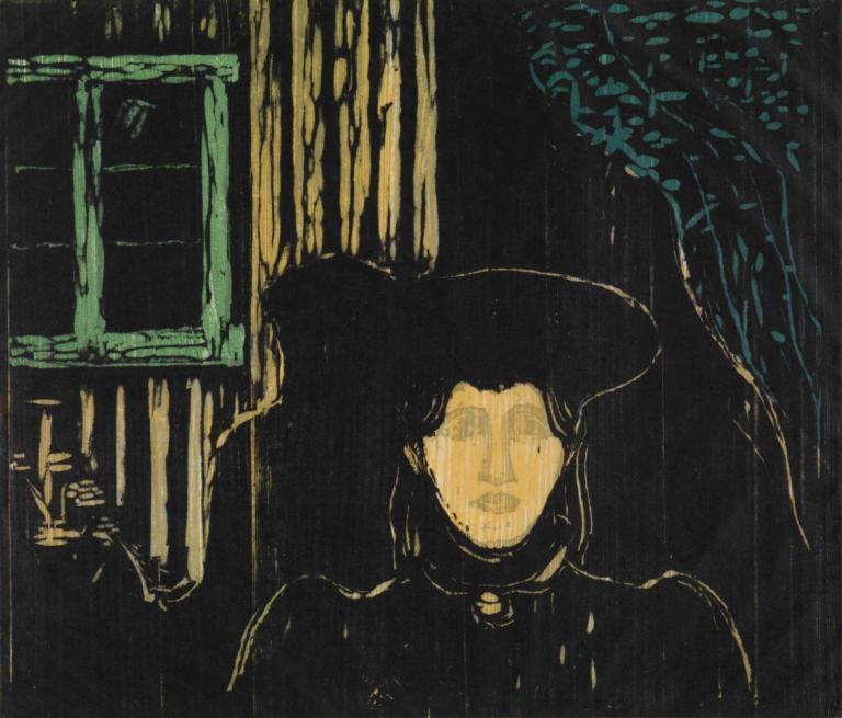 Moonlight,Měsíční svit,Edvard Munch,Edvarda Muncha,Mědirytinový lept,Mědirytinový lept, déšť, sólo, okno