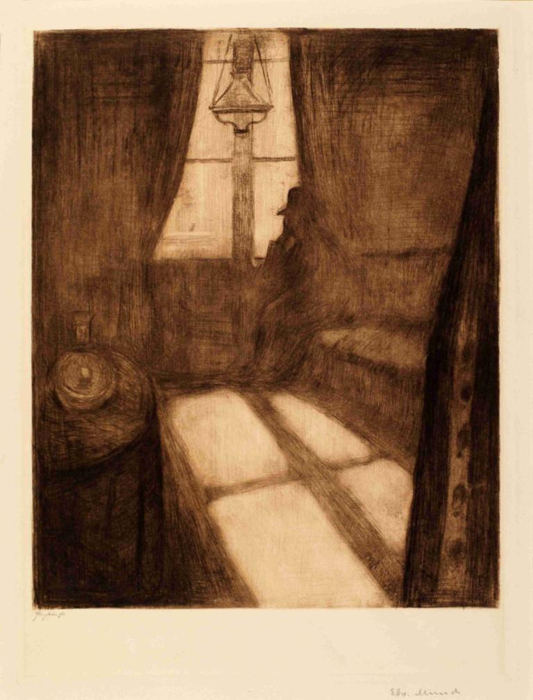 Moonlight,Měsíční svit,Edvard Munch,Edvarda Muncha,Mědirytinový lept,Mědirytinový lept, sépie, černobílý