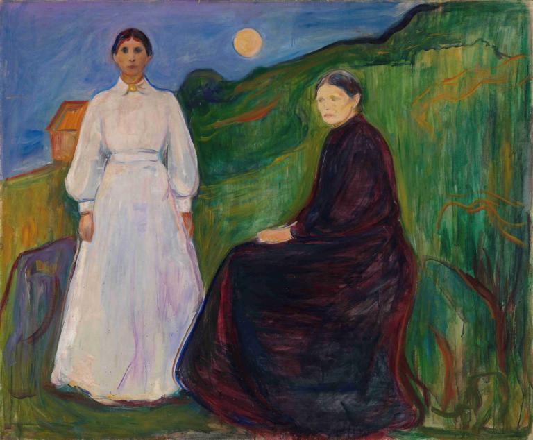 Mother and Daughter,Edvard Munch,Tempera,Tempera, dress, black hair, moon, fine art parody, traditional media