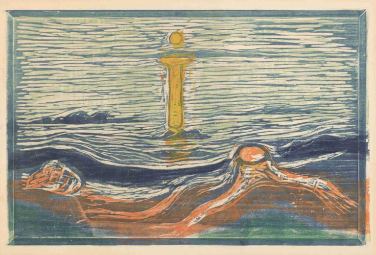 Mystical Shore,Edvard Munch,Copperplate Etching,Copperplate Etching, no humans, border, water, waves, ocean