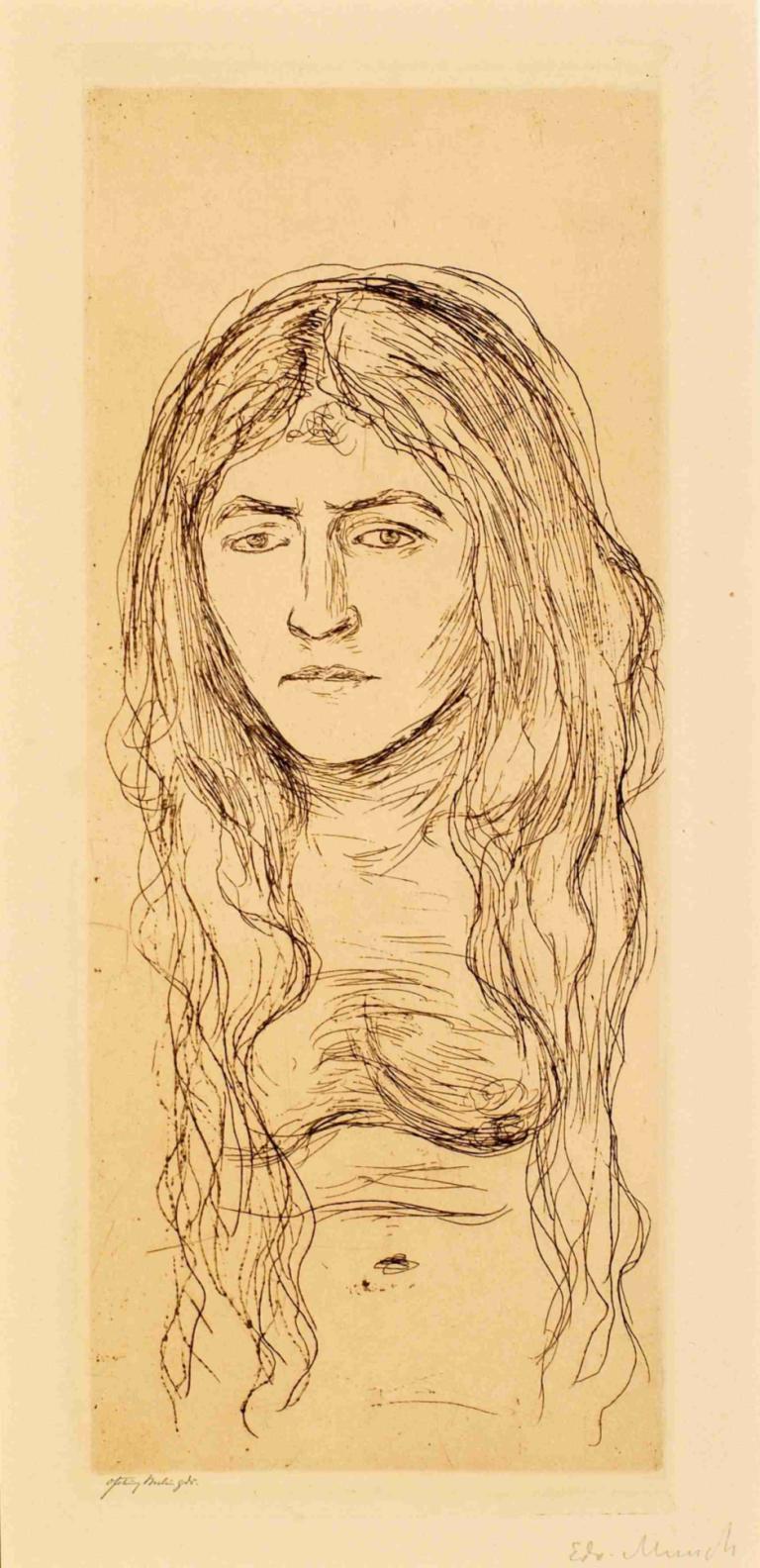 Naked Girl (Woman with Long Hair),Edvard Munch,Sketch,Sketch, 1girl, solo, long hair, monochrome, upper body