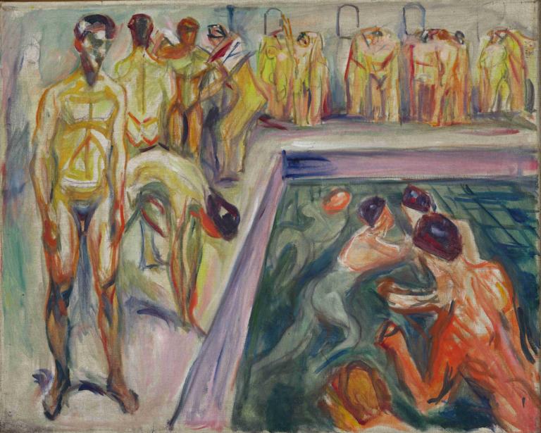 Naked Men in Swimming Pool,Edvard Munch,Tempera,Tempera, fine art parody, painting (medium)