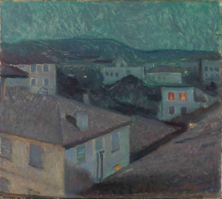 Night in Nice,尼斯之夜,Edvard Munch,爱德华-蒙克,蛋彩画,蛋彩画, 没有人类, 风景, 传统媒体, 户外, 建筑, 房子, 绘画（中）, 边界