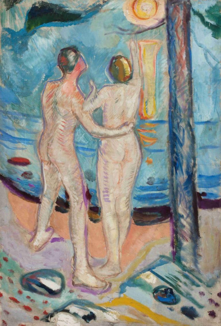 Nude Couple on the Beach,海滩上的裸体情侣,Edvard Munch,爱德华-蒙克,蛋彩画,蛋彩画, 裸体, 绘画（中）, 传统媒体, 多个男孩, 2个男孩, 水彩（中）, 超现实的, 常设