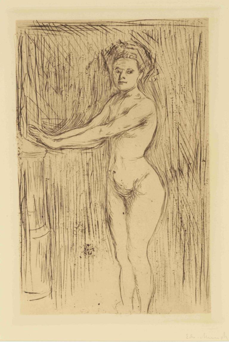 Nude Woman (Model Warming her Hands),裸体女子（模特在暖手）,Edvard Munch,爱德华-蒙克,素描,素描, 独奏, 1个女孩, 单色, 裸体, 草图, 脐, 女性阴毛