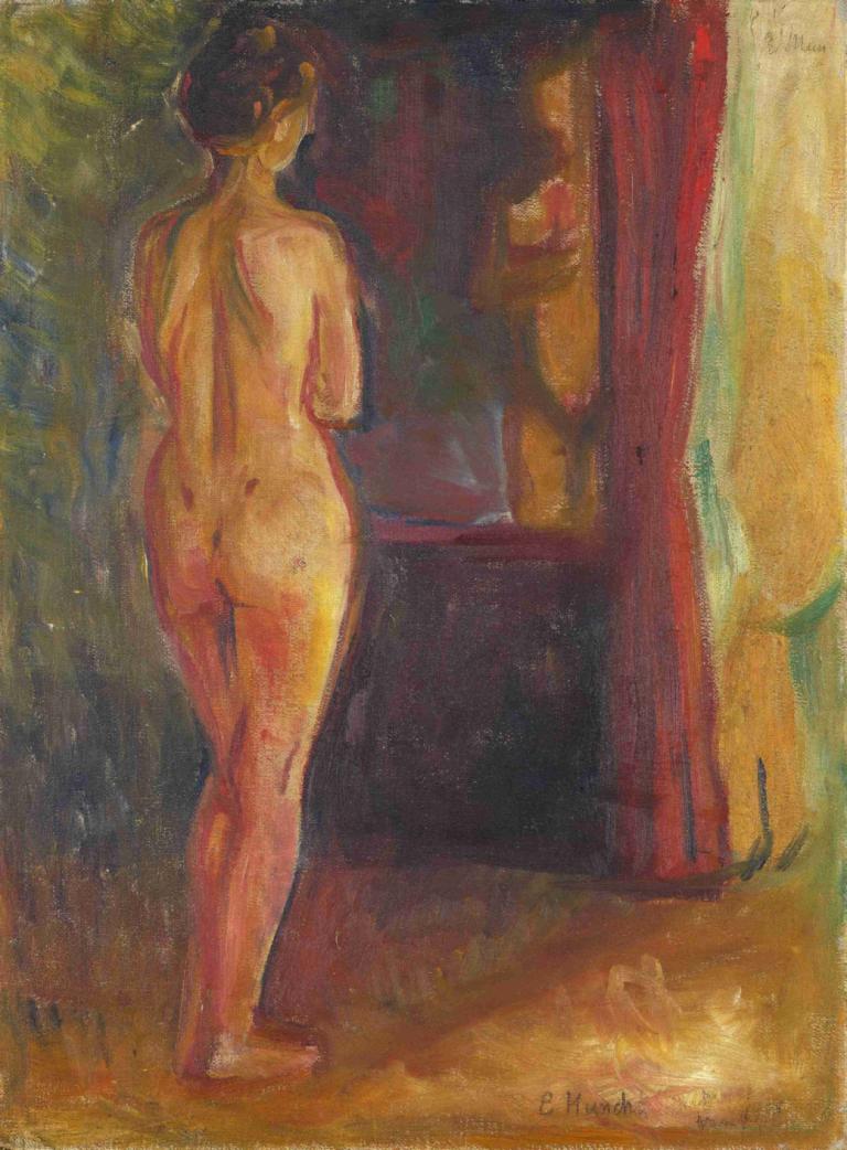 Nude in Front of the Mirror,镜前裸体,Edvard Munch,爱德华-蒙克,蛋彩画,蛋彩画, 裸体, 1个女孩, 屁股, 独奏, 镜子, 反射, 传统媒体, 完全裸体, 从后面