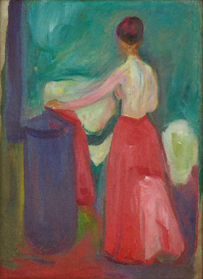 Nude with Red Skirt,裸色配红裙,Edvard Munch,爱德华-蒙克,蛋彩画,蛋彩画, 1个女孩, 独奏, 黑发, 短发, 绘画（中）, 裙子, 传统媒体, 从后面, 发髻, 后退