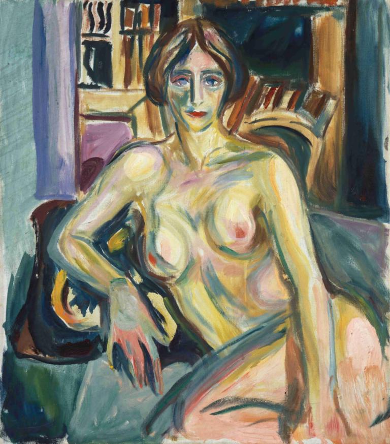 Nude, Sitting on the Couch,裸体，坐在沙发上,Edvard Munch,爱德华-蒙克,蛋彩画,蛋彩画, 1个女孩, 乳头, 裸体, 乳房, 独奏, 棕色的头发, 中等乳房, 传统媒体, 蓝眼睛