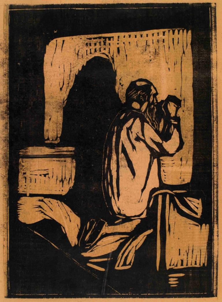 Old Man Praying,祈祷的老人,Edvard Munch,爱德华-蒙克,铜版画,铜版画, 单色, 长发, 男性焦点, 1男孩, 独奏, 坐着, 跪着