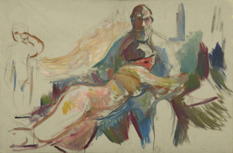 Old Man with Naked Woman on his Lap,膝上坐着裸女的老人,Edvard Munch,爱德华-蒙克,蛋彩画,蛋彩画, 和服, 日本衣服, 1个女孩, 长发, 1男孩, 黑发, 传统媒体