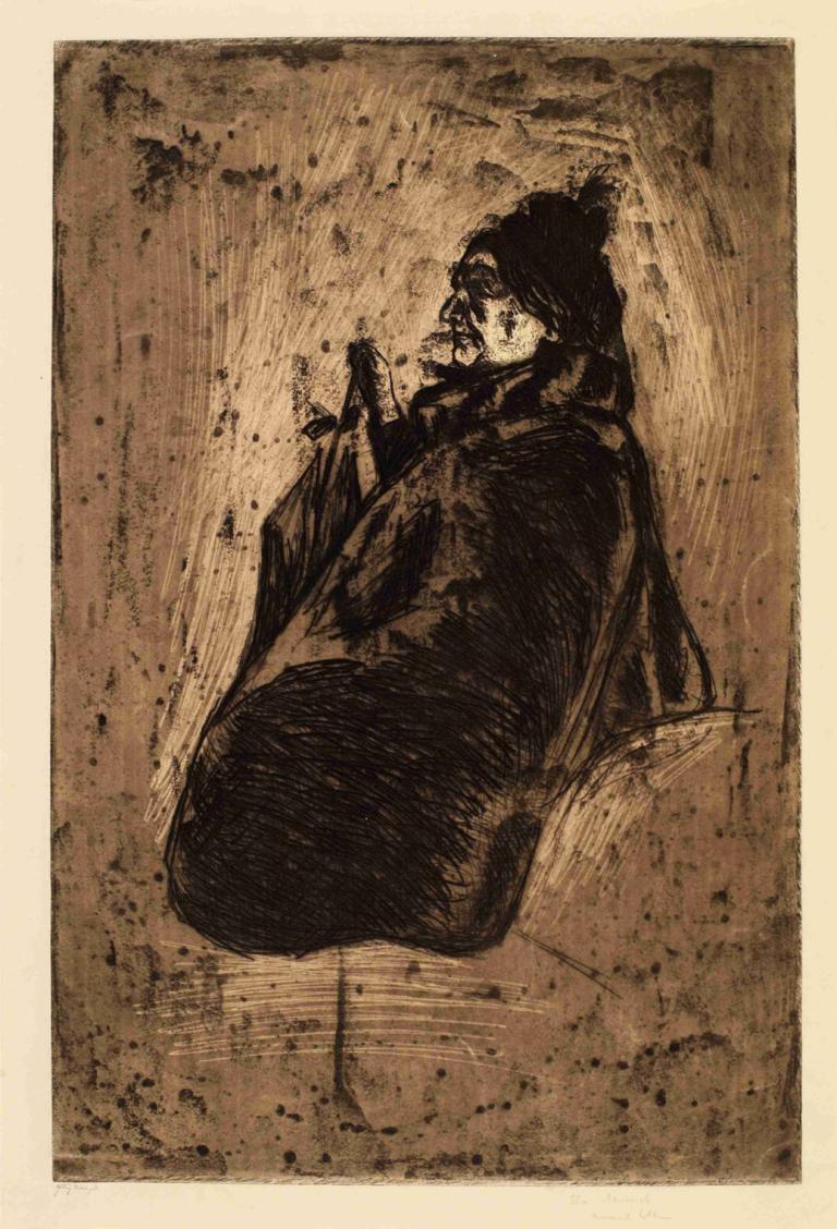 Old Woman,Edvard Munch,Copperplate Etching,Copperplate Etching, solo, monochrome, long hair, hat, 1girl