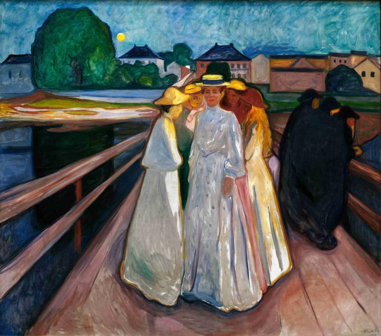 On the Bridge,Edvard Munch,Tempera,Tempera, hat, dress, white dress, multiple girls, painting (medium)