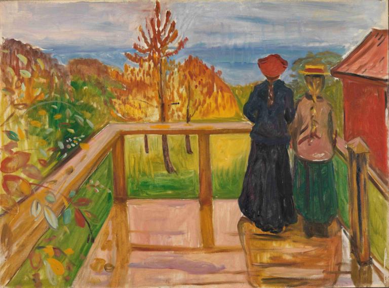 On the Veranda,Edvard Munch,Tempera,Tempera, outdoors, hat, tree, traditional media, sky, scenery, skirt