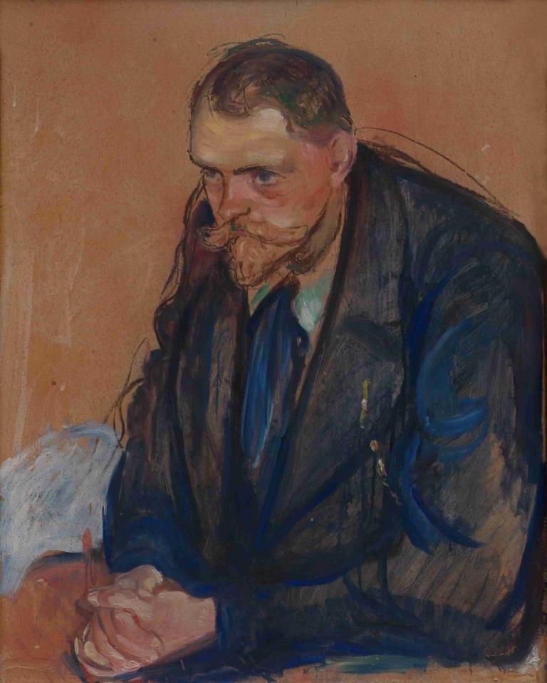 Portrait of Helge Bäckström,Edvard Munch,Tempera,Tempera, 1boy, male focus, solo, facial hair, mustache