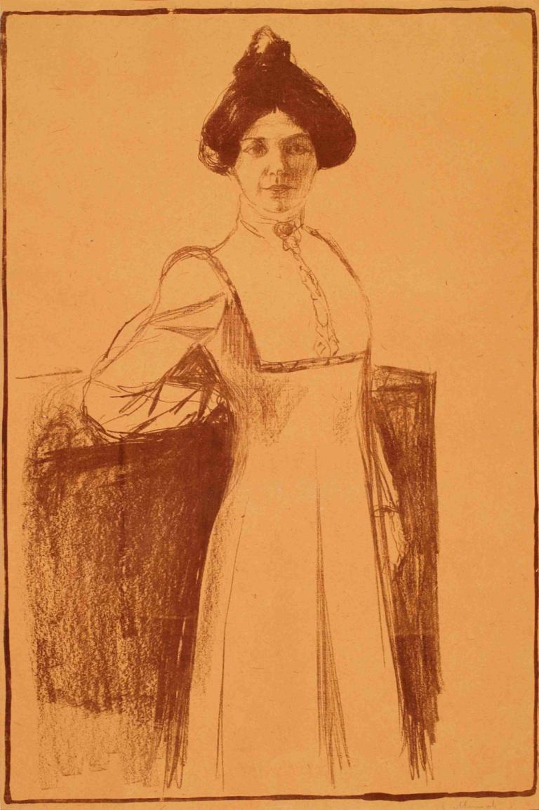 Portrait of Märta Sandal,梅尔塔-桑达尔肖像,Edvard Munch,爱德华-蒙克,素描,素描, 1个女孩, 独奏, 单色, 裙子, 棕褐色, 草图, 棕色主题, 帽子, 戏仿, 短发