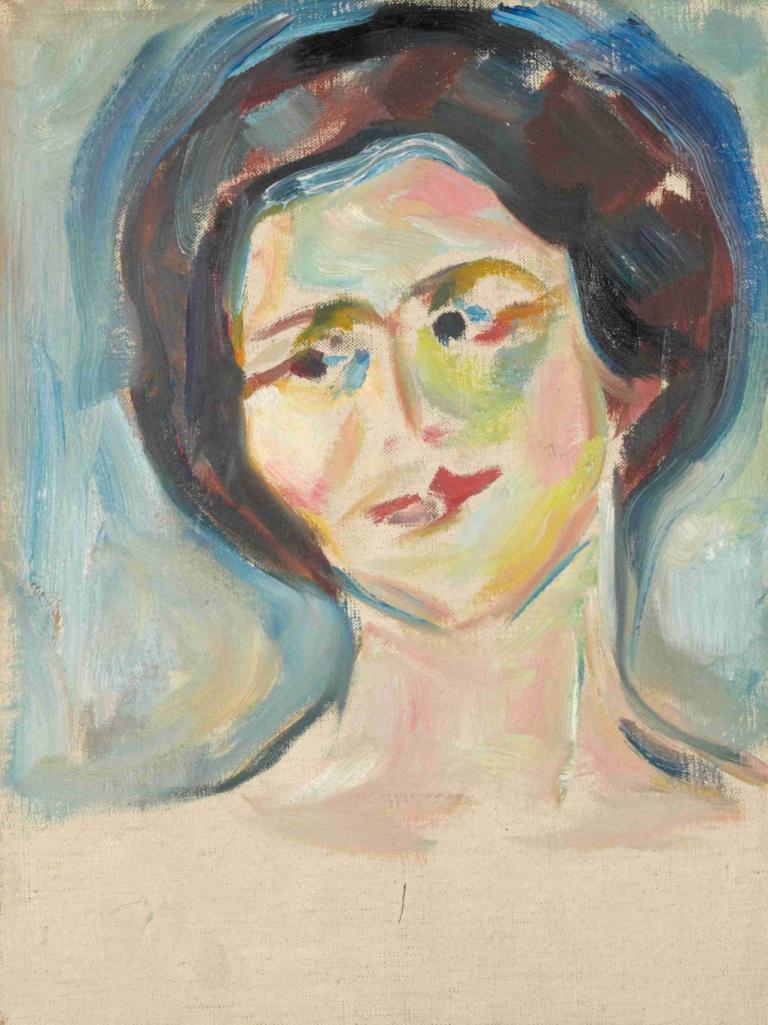 Portrait of Model,Edvard Munch,Tempera,Tempera, solo, 1girl, traditional media, portrait, painting (medium)