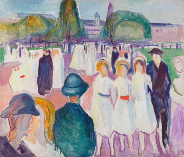 Promenade in Spring,春天的长廊,Edvard Munch,爱德华-蒙克,水彩画,水彩画, 帽子, 绘画（中）, 传统媒体, 多个男孩, 水彩（中）, 人群, 假传统媒体, 6+男孩, 户外