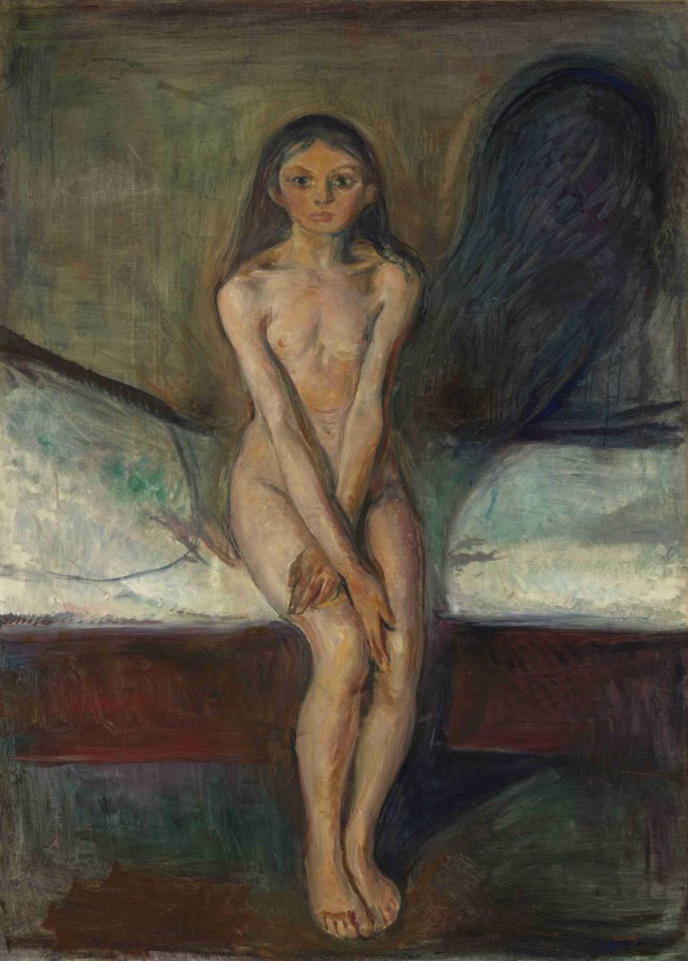 Puberty,사춘기,Edvard Munch,에드워드 뭉크,템페라,템페라, 여자 1명, 독주, 나체상, 젖꼭지, 좌석, 흑발, 가슴, 긴 머리, 전통 미디어, 맨발, 작은 가슴, 침대, 회화 (중)