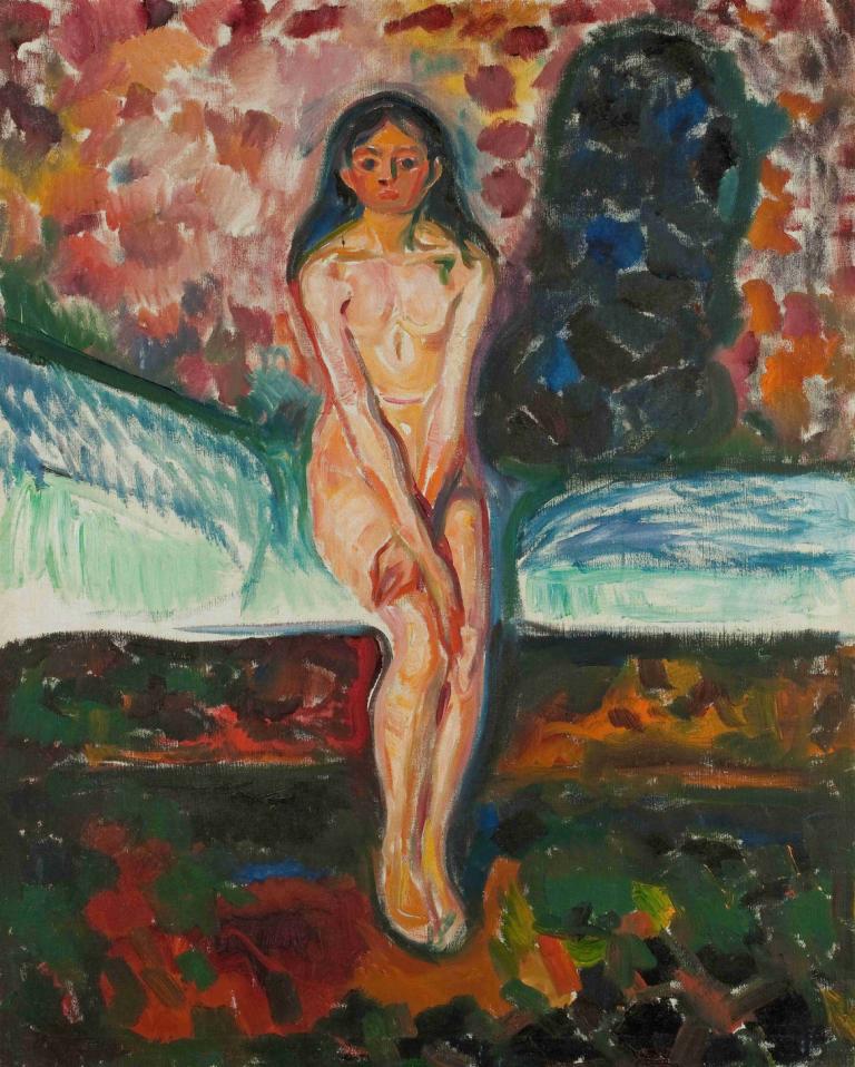 Puberty,青春期,Edvard Munch,爱德华-蒙克,蛋彩画,蛋彩画, 1个女孩, 独奏, 传统媒体, 长发, 黑发, 绘画（中）, 坐着, 裸体, 乳头, 乳房, 脐, 水彩（中）