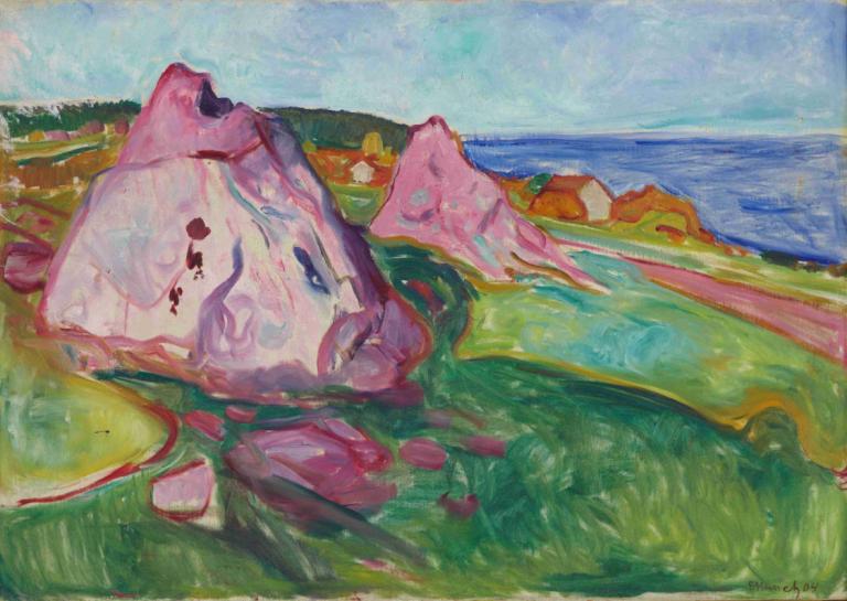 Red Rocks by Åsgårdstrand,红岩 by Åsgårdstrand,Edvard Munch,爱德华-蒙克,蛋彩画,蛋彩画, 户外, 神奇宝贝（生物）, 草, 传统媒体, 常设, 天, 1个女孩