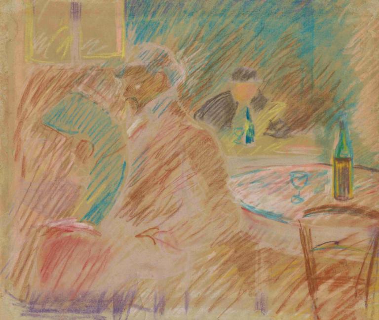 Restaurantscene,Edvard Munch,Tempera,Tempera, flaske, drikkeglass, bord, kopp, tradisjonelle medier, vinglass