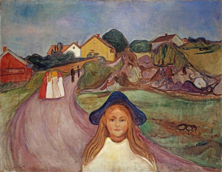 Road In Aasgaardstrand,阿斯加德斯特兰的道路,Edvard Munch,爱德华-蒙克,蛋彩画,蛋彩画, 1个女孩, 帽子, 长发, 传统媒体, 户外, 棕色的头发, 独奏, 眼镜