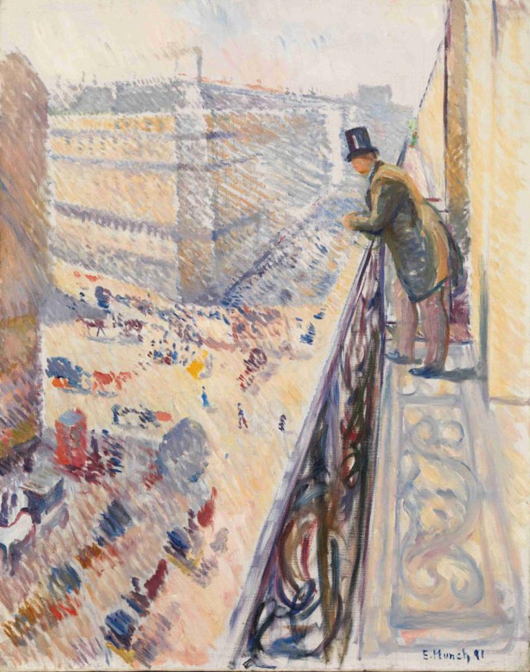 Rue Lafayette,拉法叶街,Edvard Munch,爱德华-蒙克,蛋彩画,蛋彩画, 传统媒体, 帽子, 1男孩, 男性焦点, 独奏, 黑发, 常设, 外套, 绘画（中）, 过时的, 楼梯, 黑色头饰