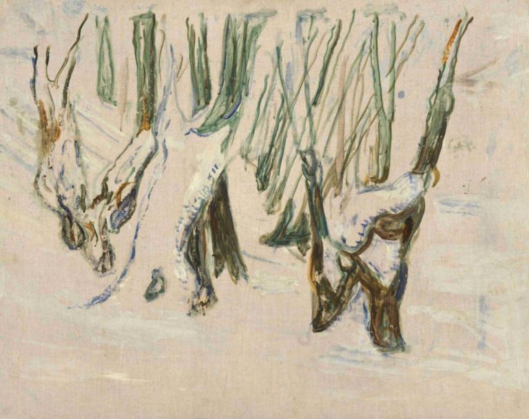 Rugged Trunks in Snow,雪地中的坚固树干,Edvard Munch,爱德华-蒙克,蛋彩画,蛋彩画, 雪, 传统媒体, 没有人类, 龙, 树, 自然, 绘画（中）, 水彩（中）