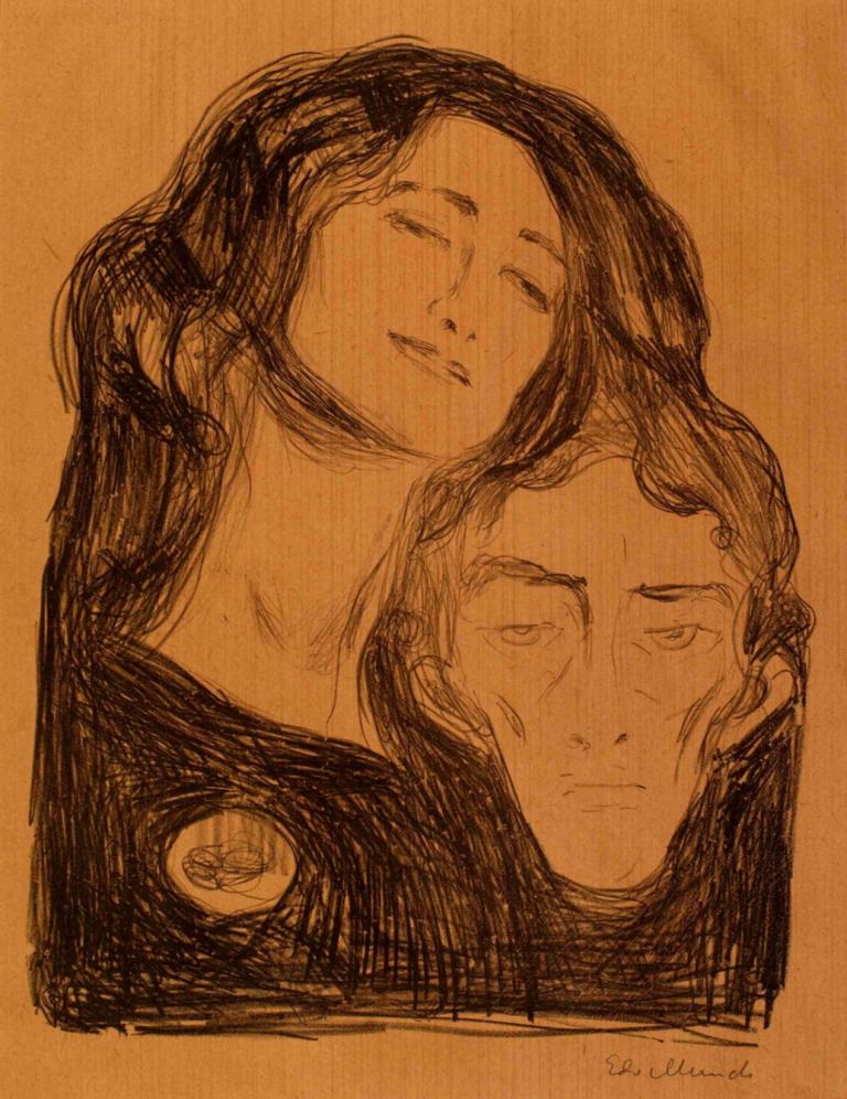 Salome,莎乐美,Edvard Munch,爱德华-蒙克,铜版画,铜版画, 1个女孩, 1男孩, 单色, 闭着眼睛, 长发, 草图, 棕褐色, 微笑