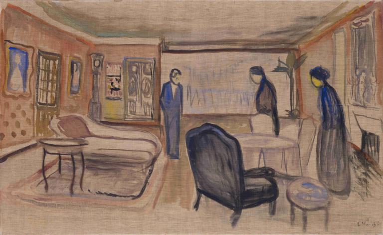 Scene of Ibsen's 'Ghosts',易卜生《幽灵》场景,Edvard Munch,爱德华-蒙克,蛋彩画,蛋彩画, 绘画（物体）, 传统媒体, 在室内, 椅子, 床, 没有人类, 桌子, 植物, 鸟