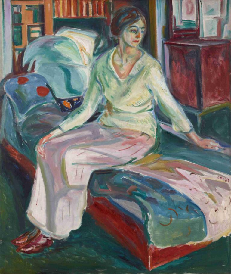 Seated Model on the Couch,坐在沙发上的模特,Edvard Munch,爱德华-蒙克,蛋彩画,蛋彩画, 1个女孩, 坐着, 独奏, 传统媒体, 毛衣, 书架, 黑发, 长椅, 在室内, 红色鞋类