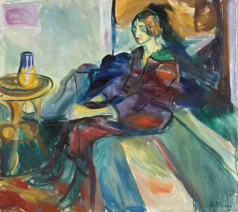 Seated Model on the Couch II,沙发上的坐姿模特 II,Edvard Munch,爱德华-蒙克,蛋彩画,蛋彩画, 1个女孩, 独奏, 绘画（中）, 传统媒体, 坐着, 水彩（中）, 黑发