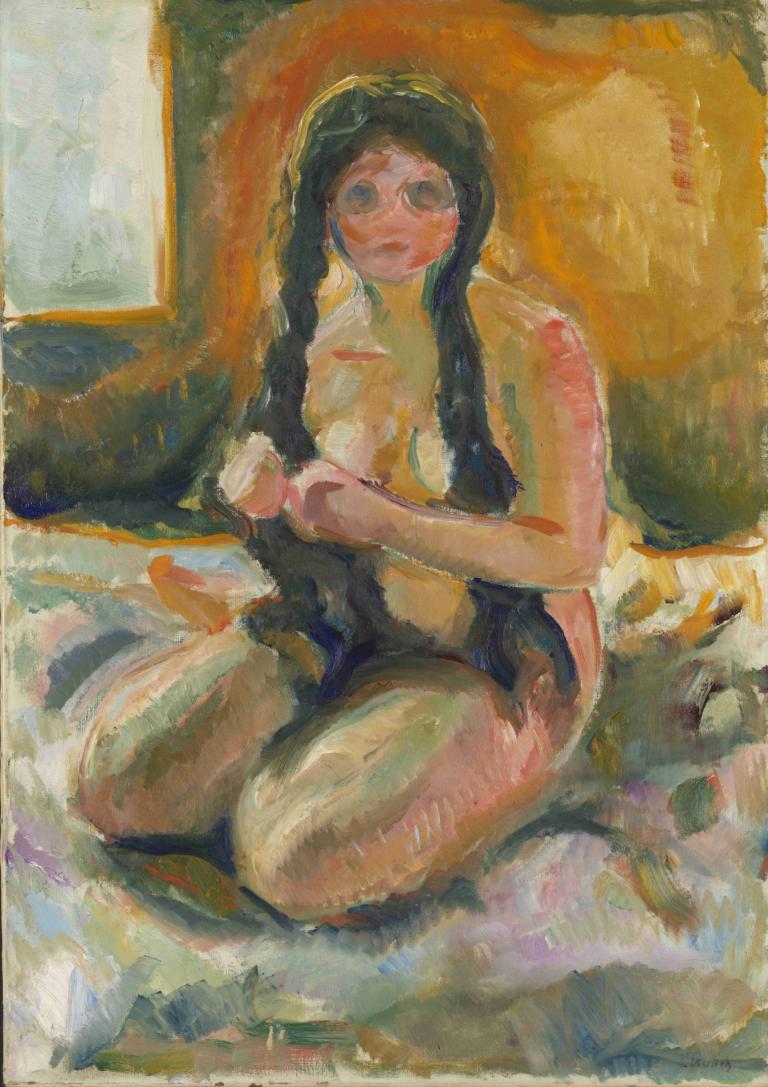 Seated Nude,裸体坐姿,Edvard Munch,爱德华-蒙克,蛋彩画,蛋彩画, 1个女孩, 独奏, 长发, 黑发, 坐着, 乳房, 裸体, 绘画般的, 看着观众, 绘画（中）, 传统媒体, 在室内, 中等乳房