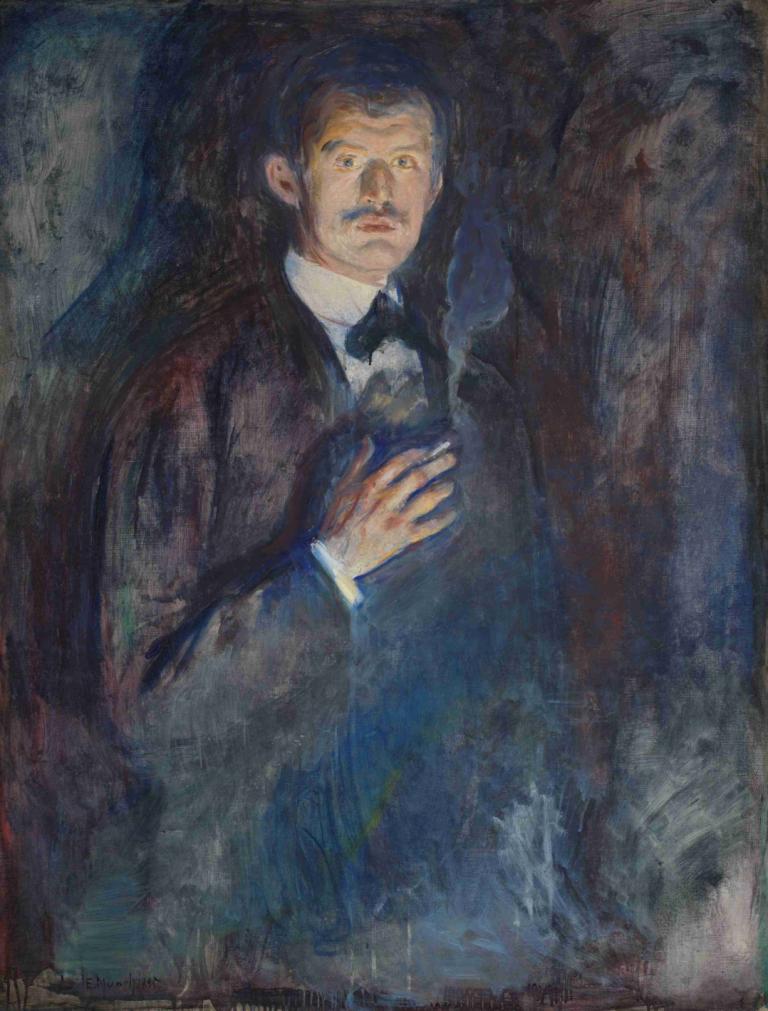 Self-Portrait with Cigarette,Selvportrett med sigarett,Edvard Munch,Tempera,Tempera, 1 gutt, mannlig fokus