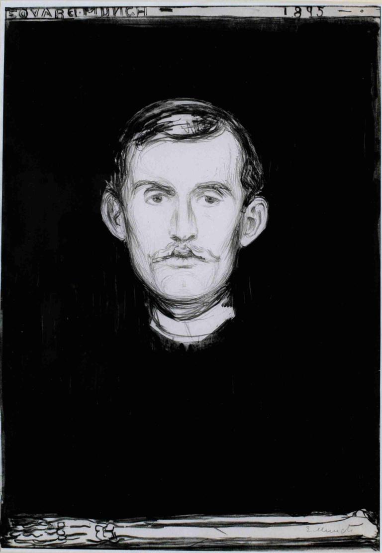 Self-portrait,Selvportrett,Edvard Munch,Kobberplate Etsning,Kobberplate Etsning, 1 gutt, monokrom