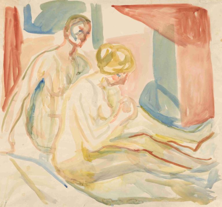 Sittende naken mann og kvinne,Oturan çıplak erkek ve kadın,Edvard Munch,Suluboya,Suluboya, oturma, sarı saç