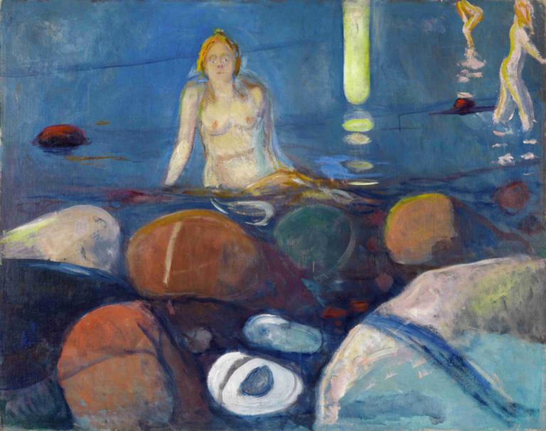 Summer Night. Mermaid,Edvard Munch,Tempera,Tempera, nude, nipples, water, breasts, multiple girls