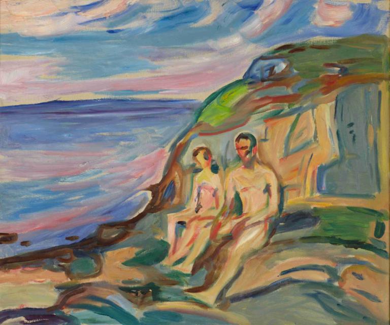 Sunbathin,日光浴,Edvard Munch,愛德華德·蒙克,蛋彩畫,蛋彩畫, 傳統媒體, 坐著, 繪畫（中）, 假傳統媒體, 戶外, 1男孩, 1個女孩, 水, 海洋, 泳裝, 天空, 雲, 黑髮