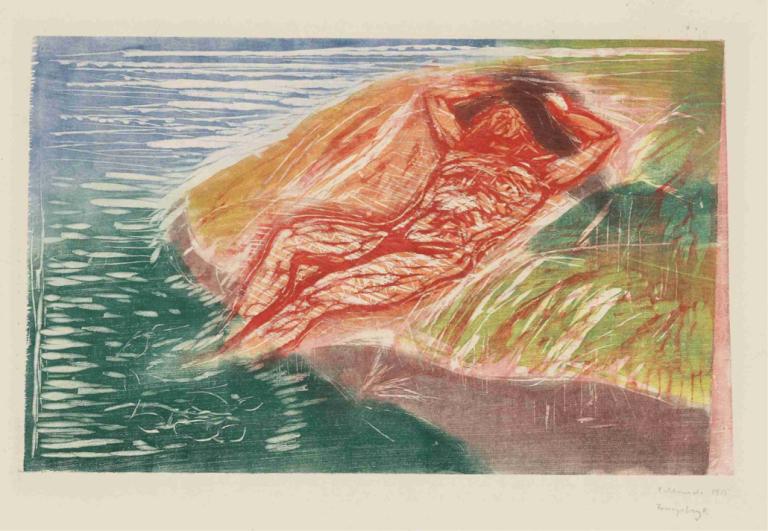 Sunbathing I,Zonnebaden I,Edvard Munch,Tempera,Tempera, geen mensen, grens, water, witte rand, vis