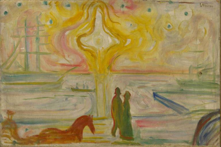 Sunrise In The Harbour,Soluppgång i hamnen,Edvard Munch,Tempera,Tempera, traditionella medier, vattenskotrar