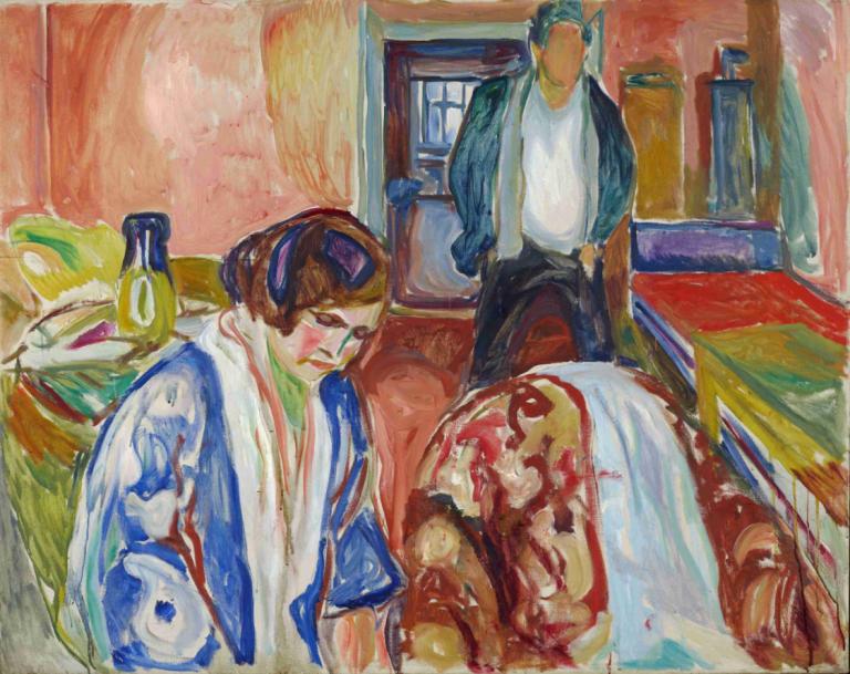 The Artist and his Model,Edvard Munch,Tempera,Tempera, multiple boys, indoors, traditional media, shirt